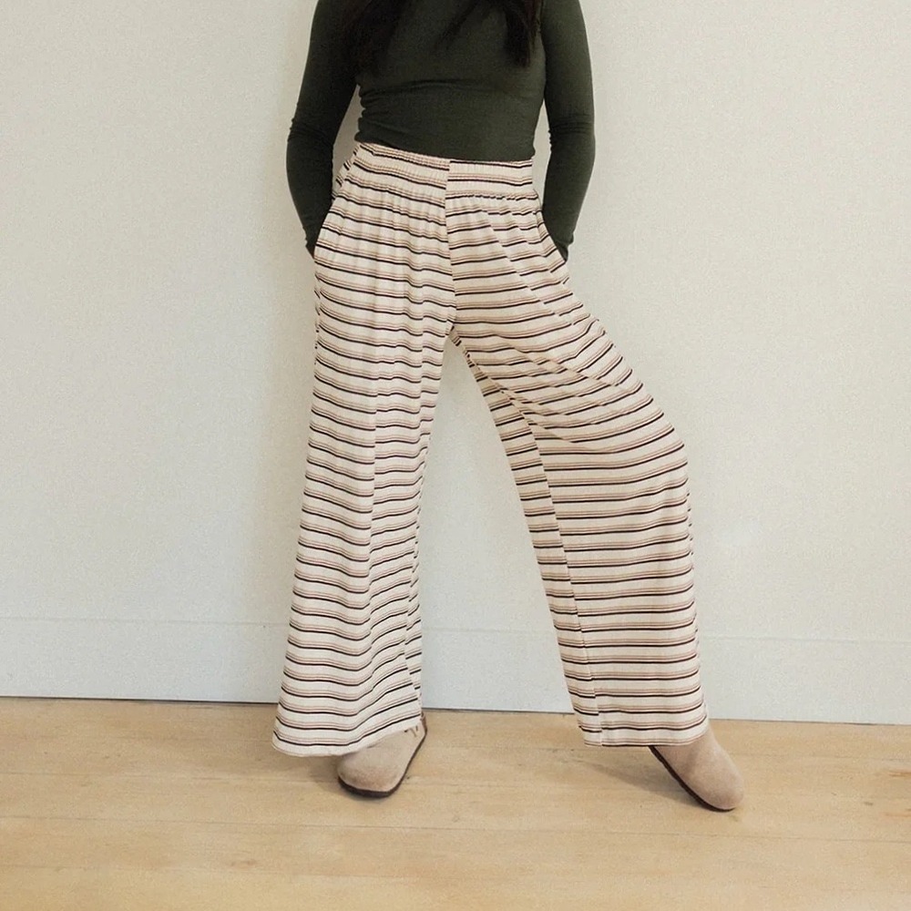 Jax + Lennon | Wide Leg Pants Cream Striped Lounge Size M Bamboo Cotton Spandex